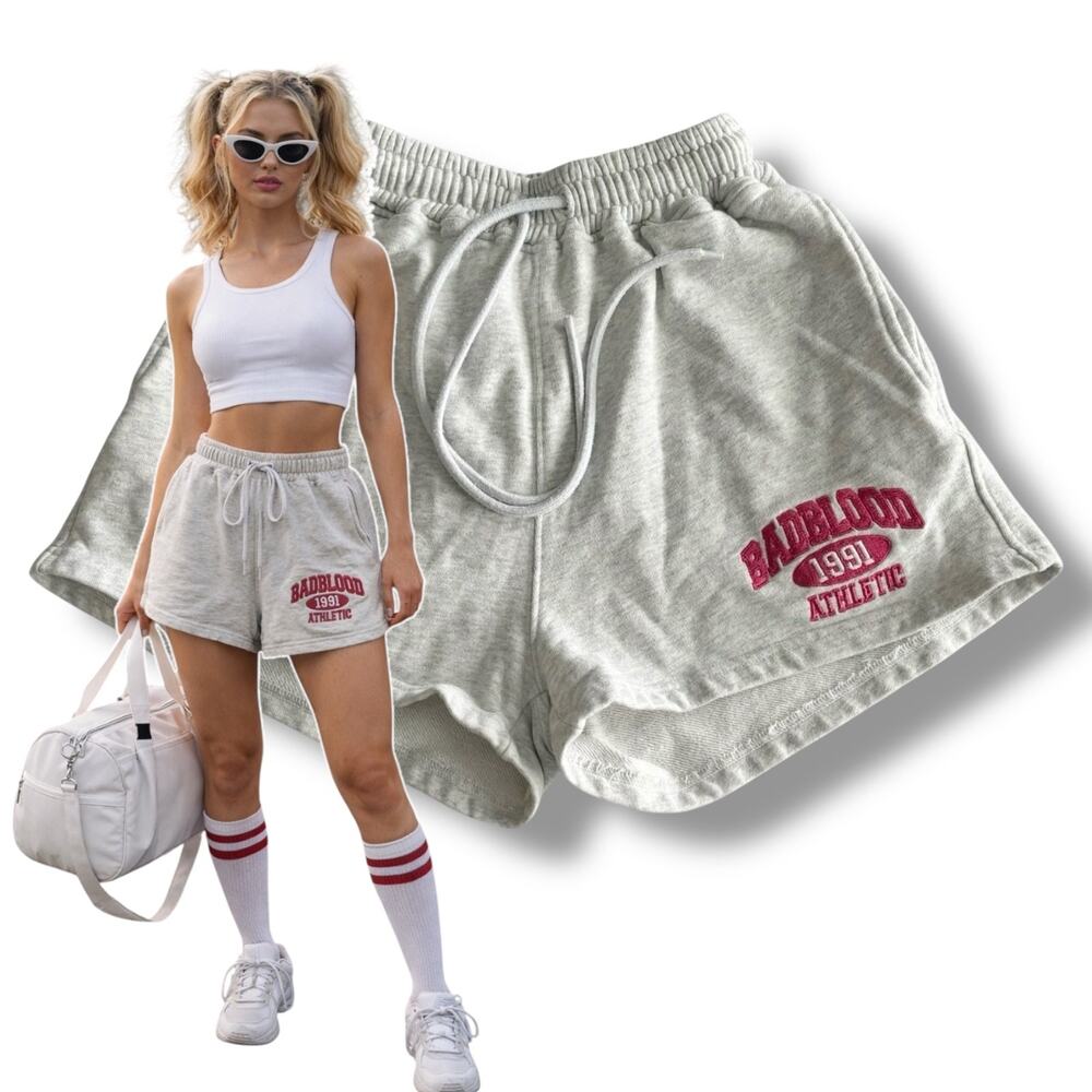 BADBLOOD Lounge Shorts XS Ash Gray Pink Embroidered Drawstring Athletic Preppy